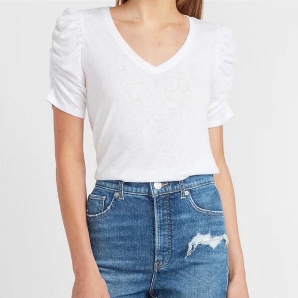 Express Puff Sleeve V-Neck White Top S